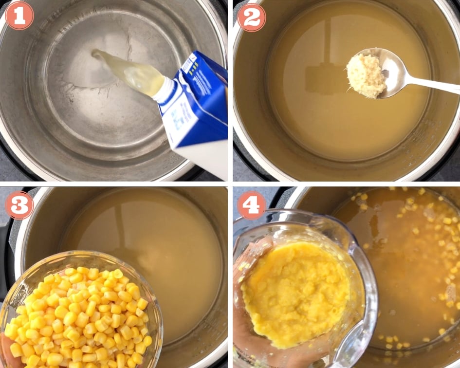 Add stock, ginger, corn and creamed corn to pressure cooker