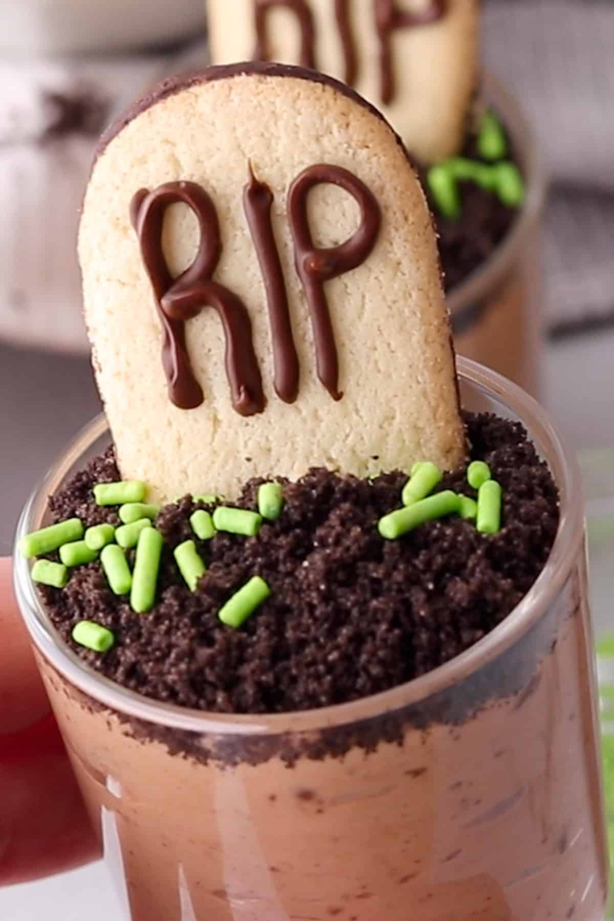 Chocolate Mousse cups decorated for halloween with tombstone