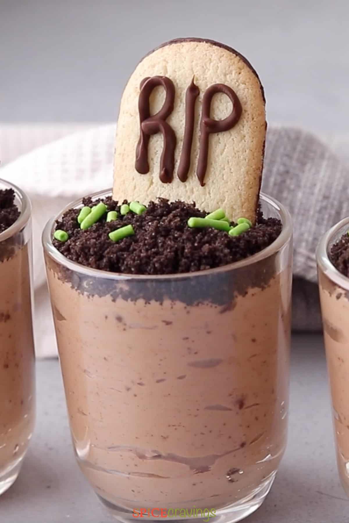 Chocolate Mousse Graveyard made using Oreo Cookies, milano cookies and mousse