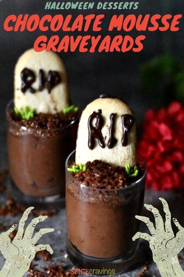 Two shot glasses that look like chocolate graveyards with tombstones