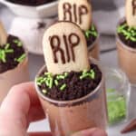 Chocolate Mousse cups decorated with RIP lettered cookies for halloween