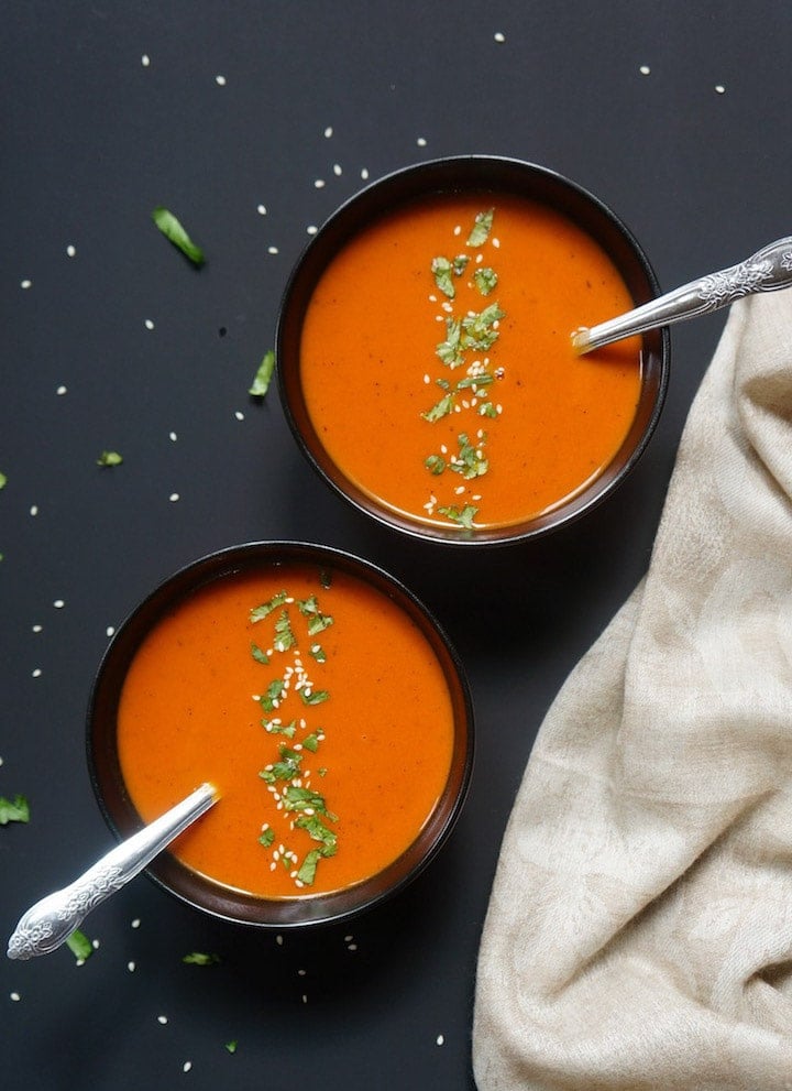 Bowls of roasted carrot pepper soup in Instant Pot