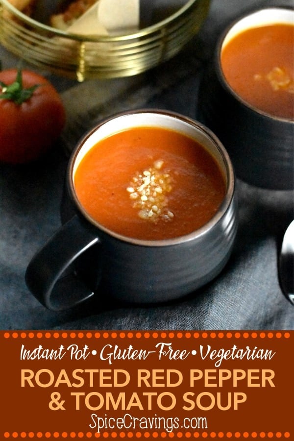 A bowl of roasted red pepper tomato soup made in Instant Pot