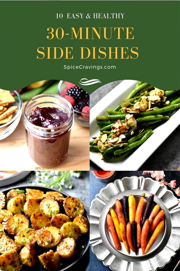 A collection of easy to make side dishes including cranberry sauce, potatoes, carrots and green beans