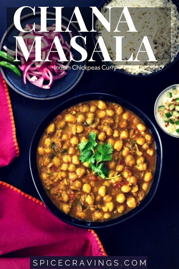 Chana Masala Curry served with rice and pickled onions