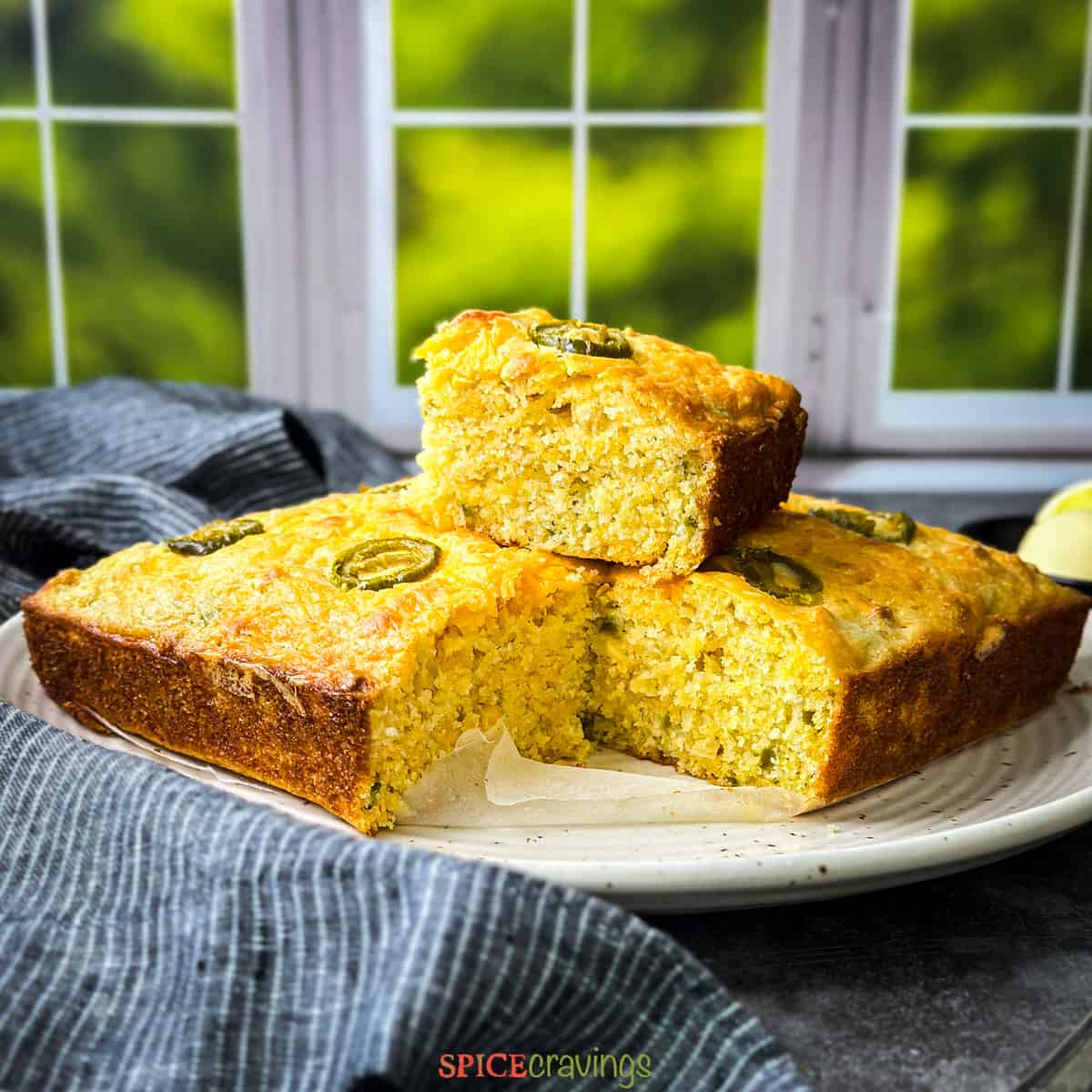 A baking tray with Jalapeno Cheddar Cornbread