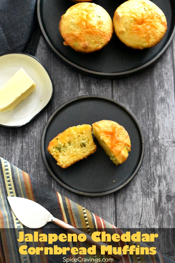 Cornbread Recipe with pickled jalapenos and cheedar cheese, baked into muffins, served on a black plate