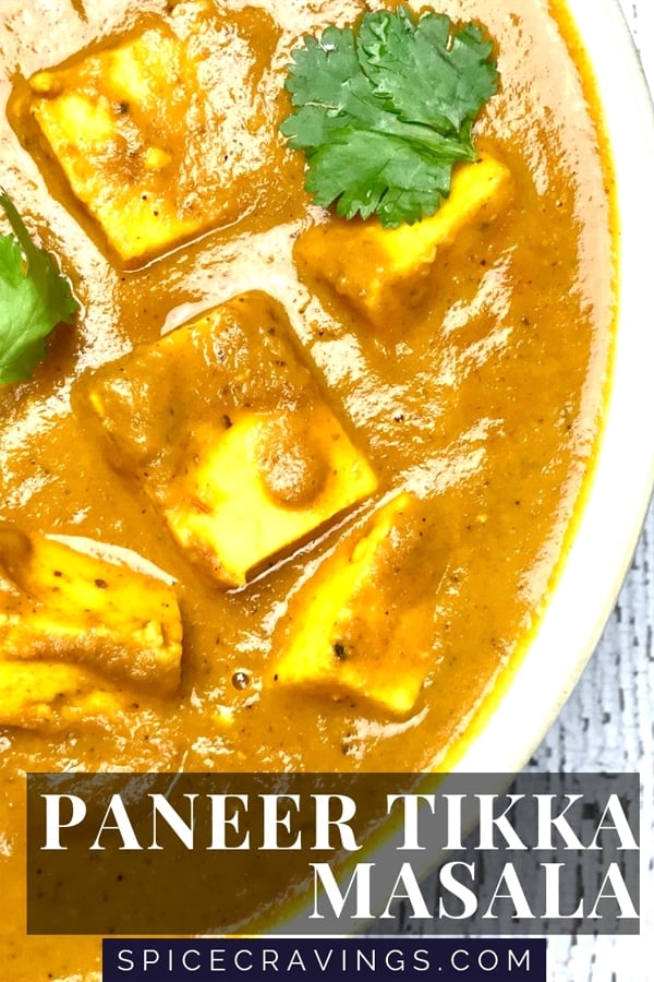 Close up of Paneer Tikka Masala, cottage cheese cubes simmered in a tomato onion curry