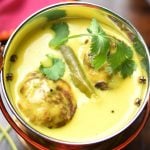 Punjabi Kadhi chawal, yogurt curry made in the Instant Pot, served in a copper bowl