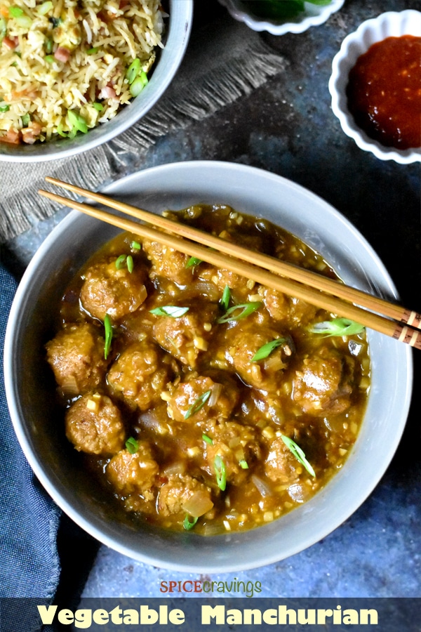Vegetaable Manchurian made with frozen soy meatballs in Instant Pot