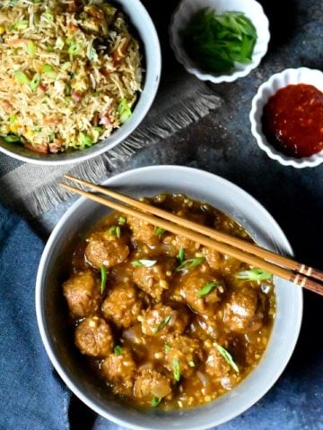 Vegetable Manchurian made in Instant Pot, served with fried rice