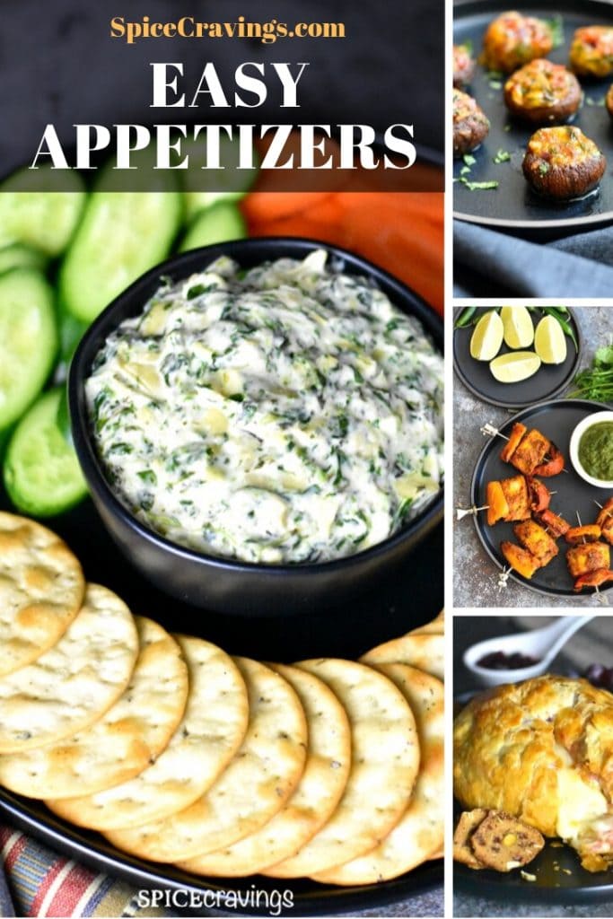 A collection of easy to make appetizers including dips, wings and stuffed mushrooms