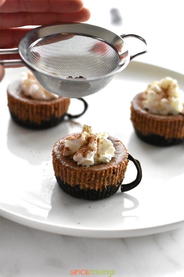Mini Hot Cocoa cheesecakes on a white plate being dusted with cocoa powder