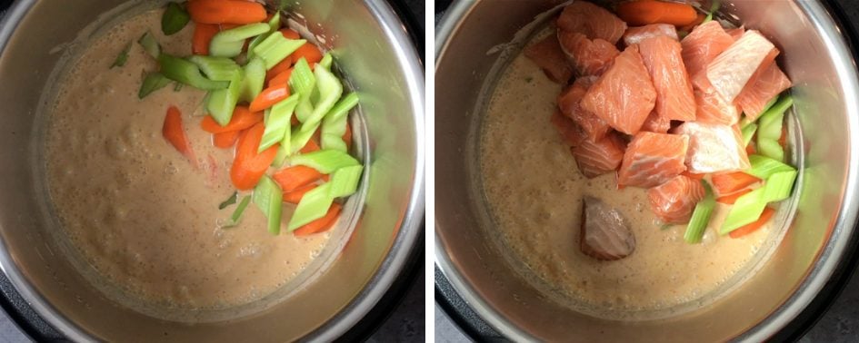 Chopped vegetables and salmon chunks over curry sauce in the instant pot