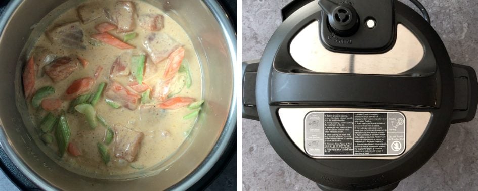 Vegetables and salmon in curry sauce in instant pot, ready to cook