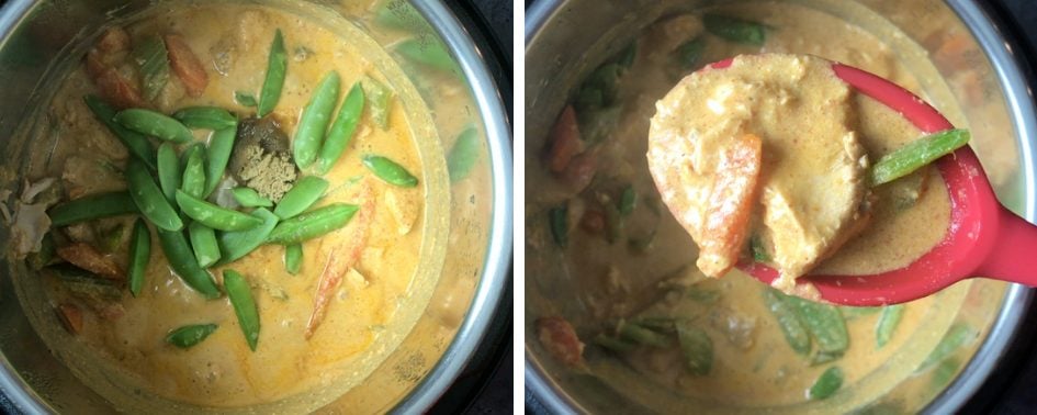 Snow peas over curry in left frame, cooked curry in red ladle in right frame