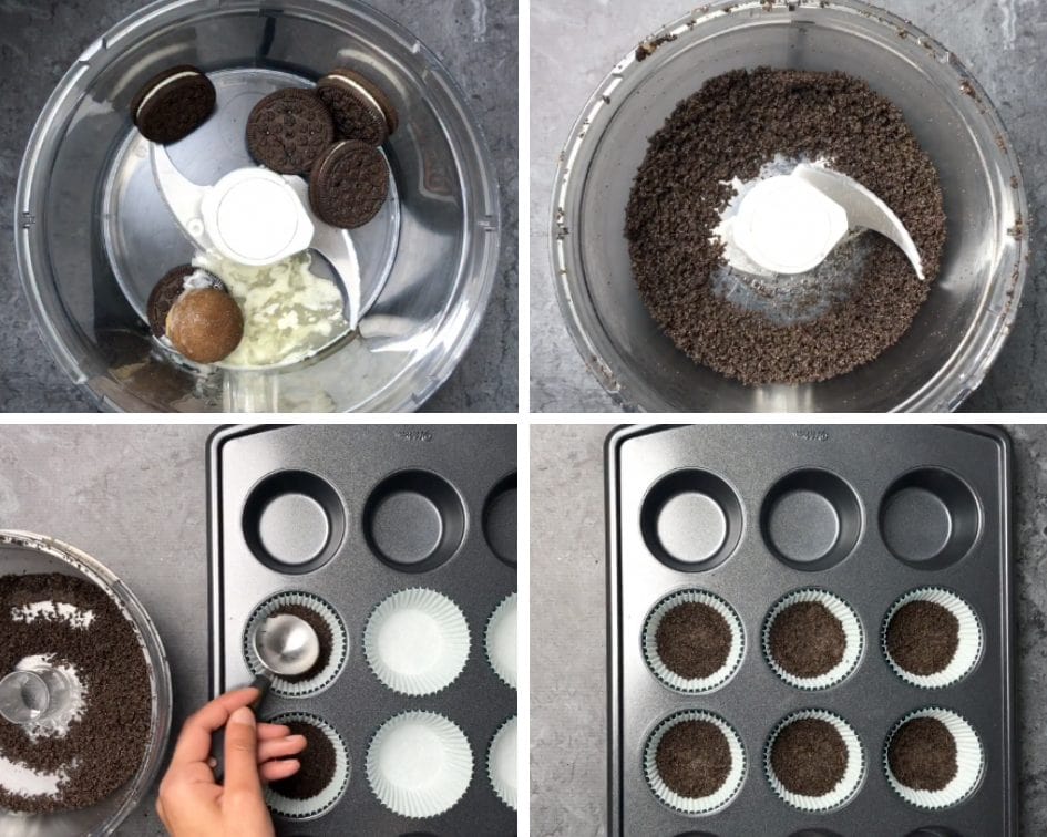 Steps showing how to make a chocolate crust for a chocolate cheesecake in Instant Pot 