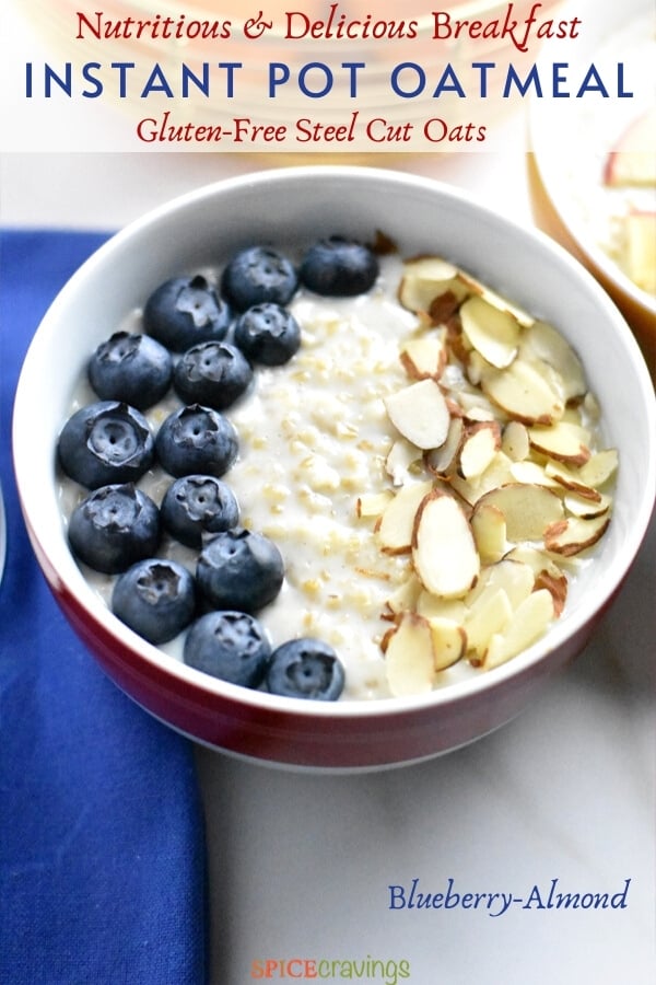 Oatmeal topped with blueberries and almonds