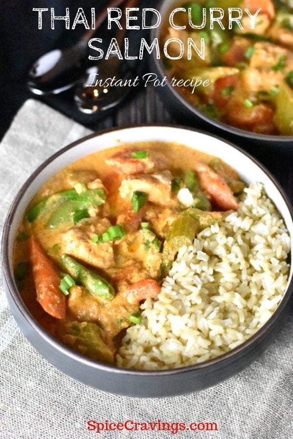 Salmon cooked in coconut milk with red curry paste and served with brown jasmine rice
