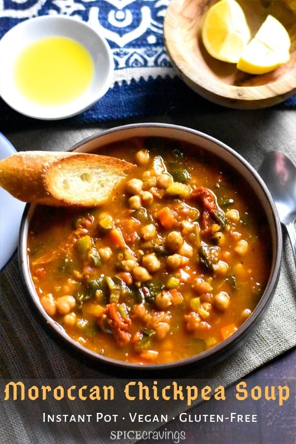 A bowl of chickpea soup served with toasted bread