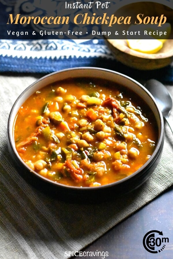 A bowl of moroccan style chickpea soup with spinach and sun dried tomatoes