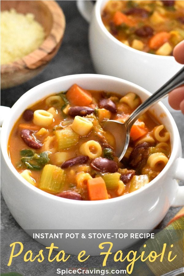 A bowl of chunky and hearty Pasta Fagiole Soup with pasta, beans, carrots and celery