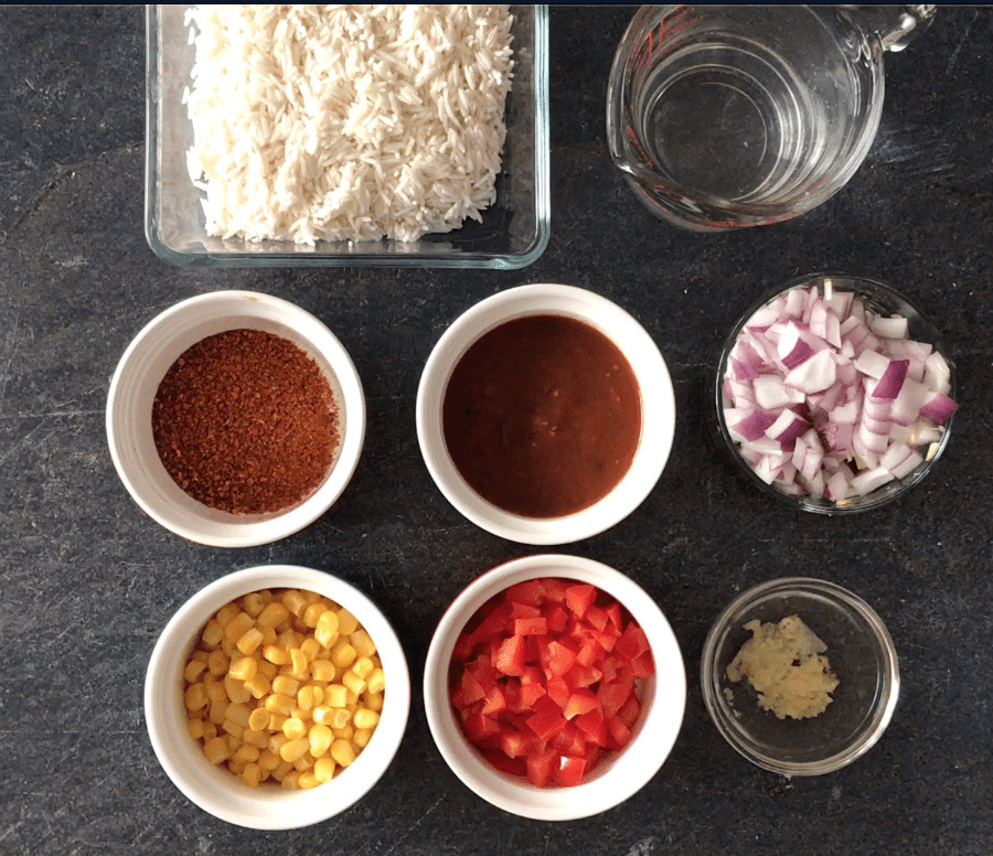 Picture of all the ingredients needed to make mexican rice