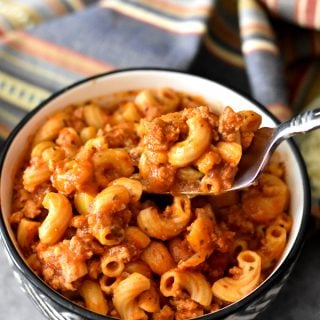 A bowl of American Goulash made with ground turkey and elbow macaroni