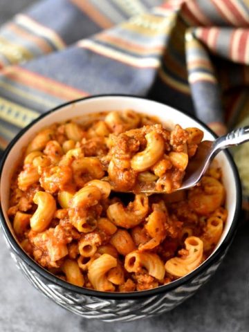 A bowl of American Goulash made with ground turkey and elbow macaroni