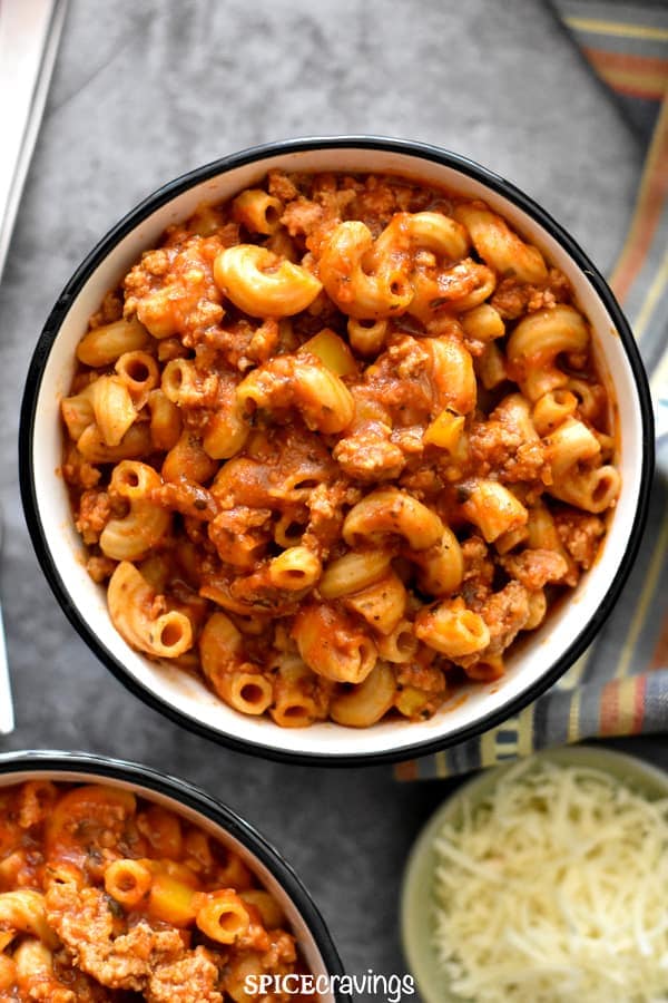 One pot goulash made in the instant pot with ground turkey, pasta and marinara sauce