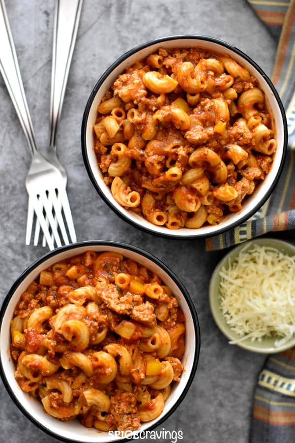 Two bowls with american goulash made with ground turkey and pasta
