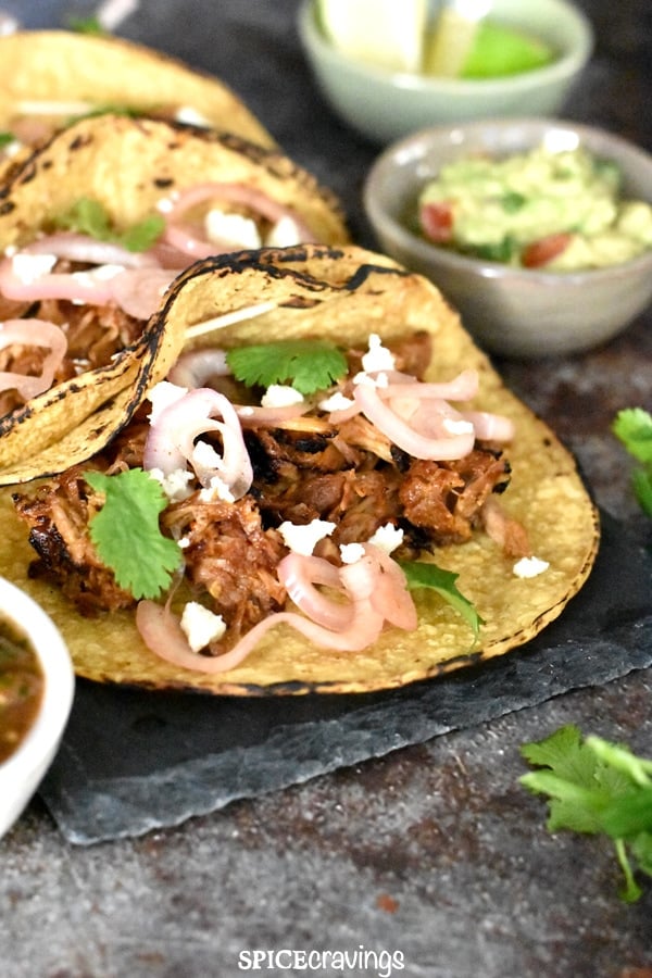 A corn tortilla stuffed with pork carnitas and pickled onions