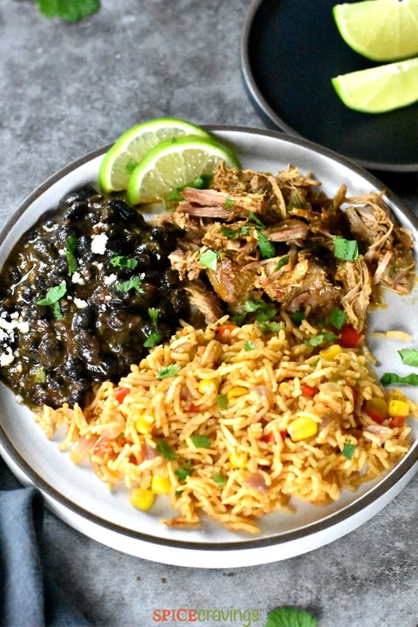 Pork carnitas served with mexican rice and beans