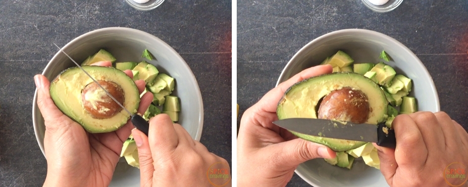 Removing the avocado pit with a knife