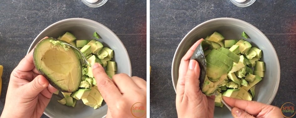 scooping out the avocado chunks with a spoon
