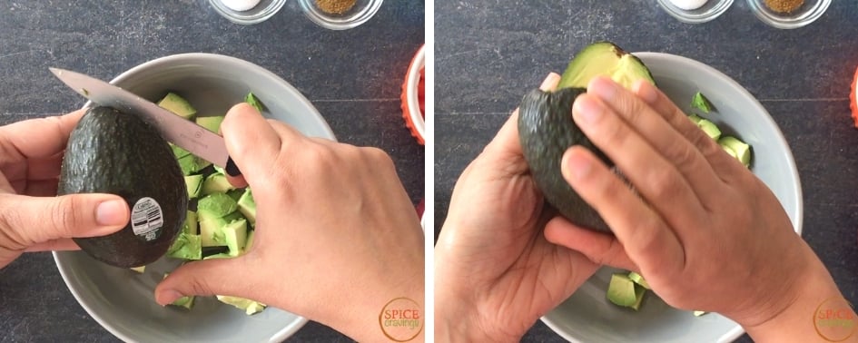 Slicing the avocado around the seeds and rotating to split open