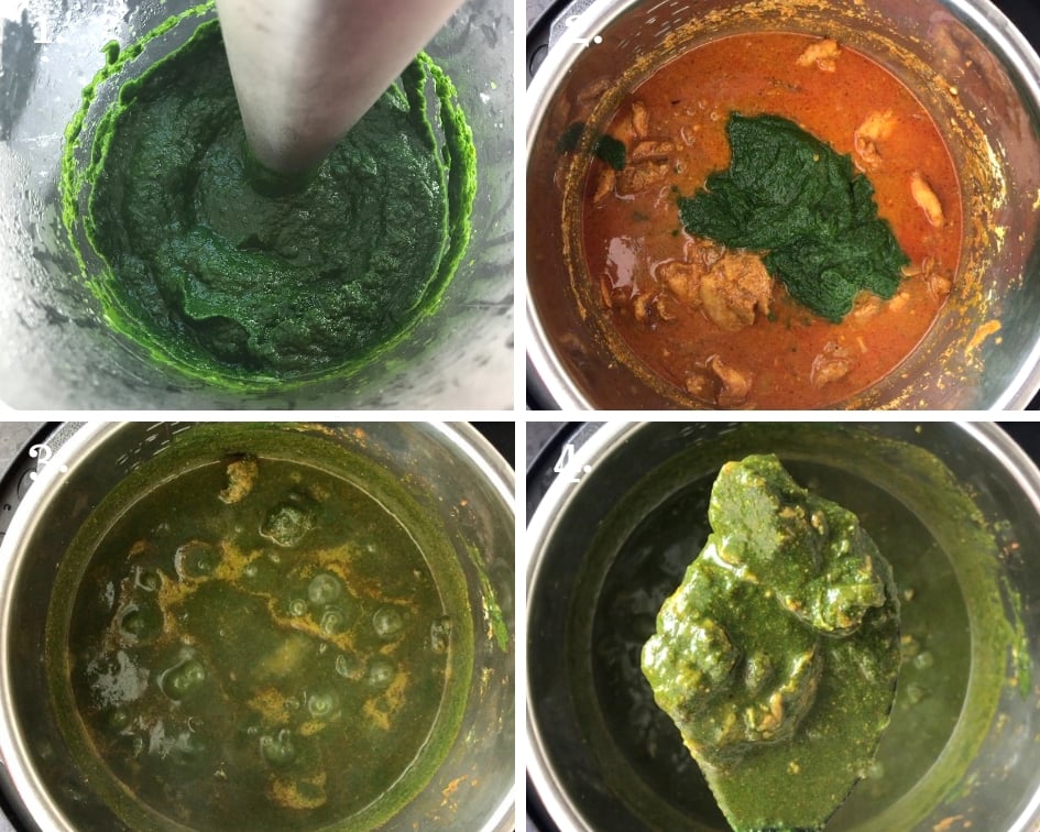 Steps showing how to make Saag Chicken with pureed spinach
