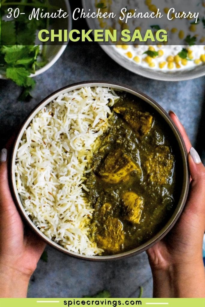Hands holding bowl with rice and chicken saag curry