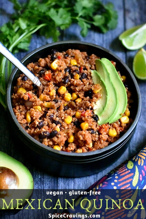 Mexican Quinoa garnished with sliced avocado