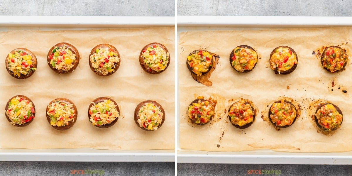 Before and after shot of cheesy baked mushrooms on a baking sheet