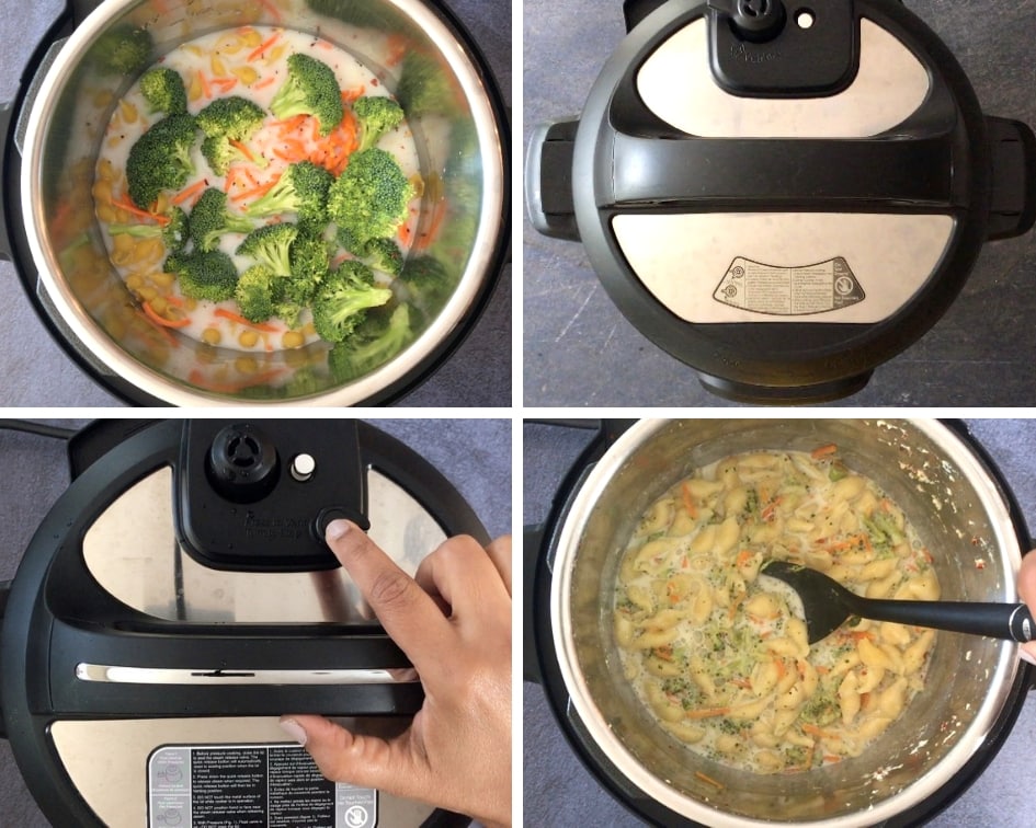 Steps showing how to make Broccoli cheddar pasta in an Instant pot