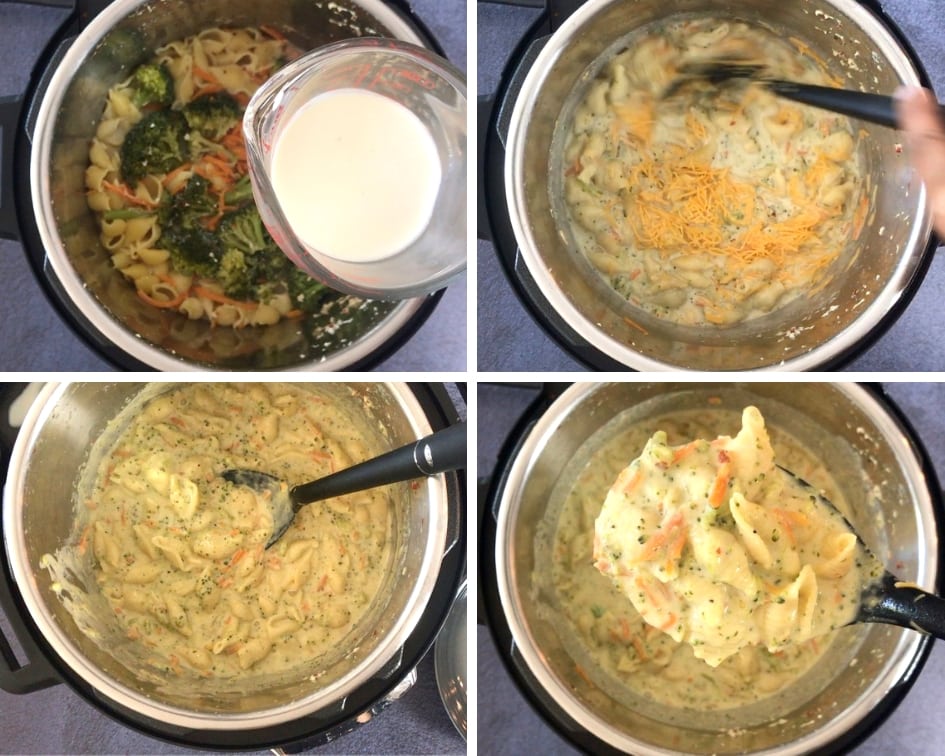Steps showing how to make Broccoli cheese pasta in an Instant pot