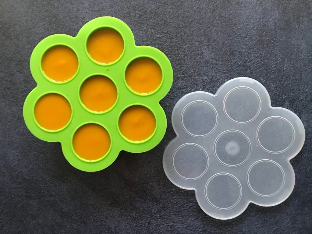 Leftover mango pulp stored in silicone trays