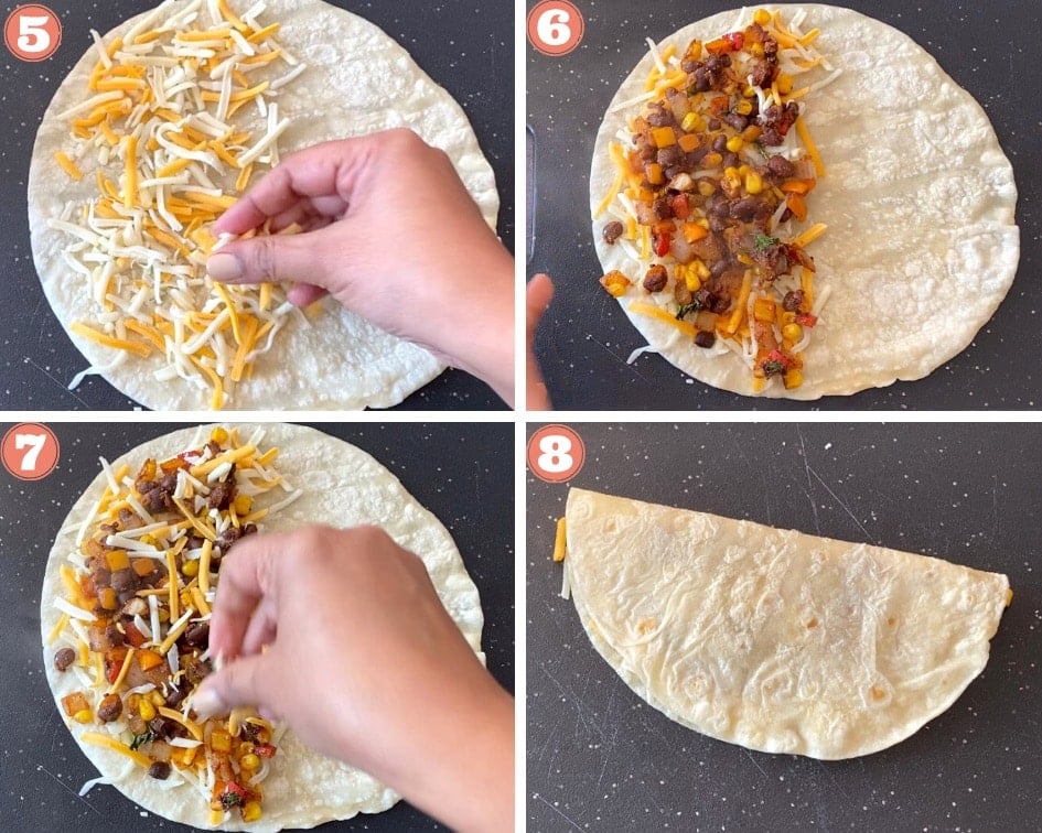 Adding cheese and beans to the tortillas to make Black bean quesadillas