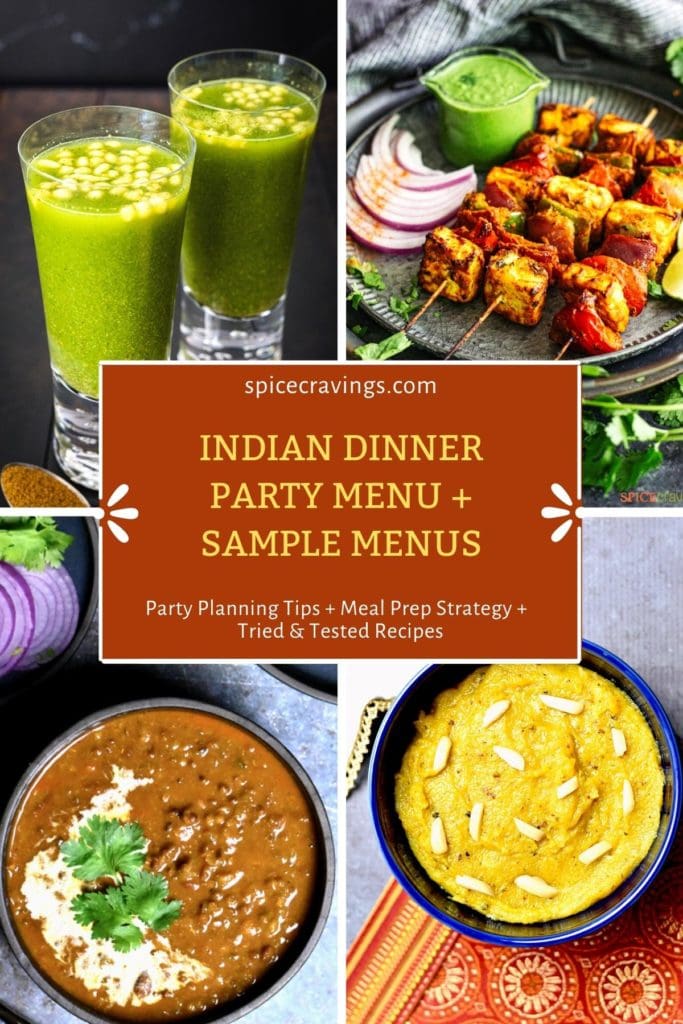 A 6-image collection of recipes for an Indian Dinner recipes including drinks, tikka, dal and halwa