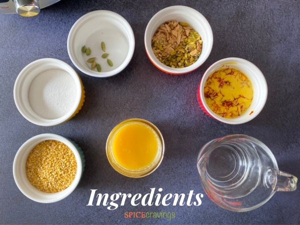Ingredients needed to make Moong Dal Halwa displayed on a grey counter.