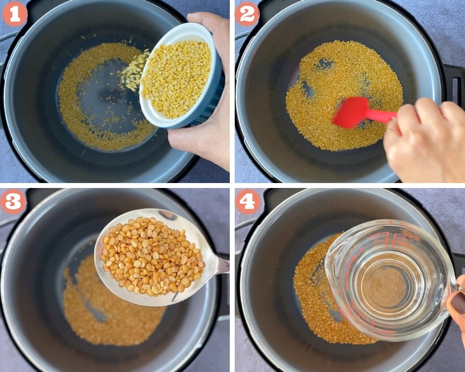 Steps showing how to roast then pressure cook the lentils