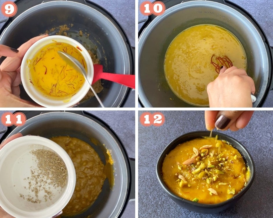 Steps showing how to saute cooked lentils with ghee, saffron, sugar and cardamom