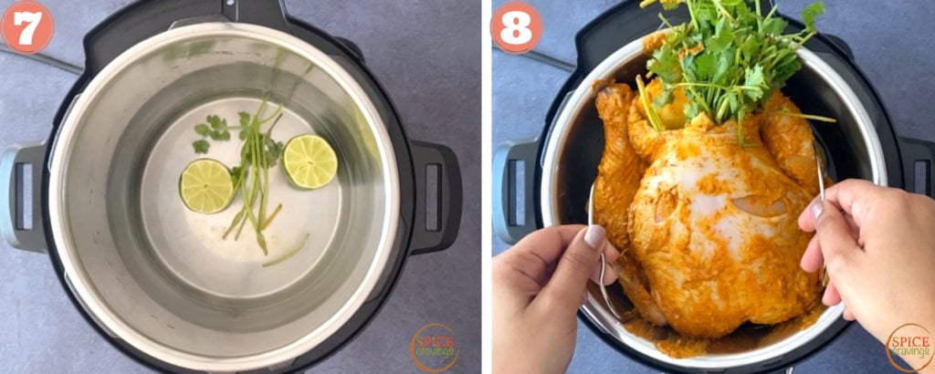 Adding water in the Instant pot, inserting chicken placed on a trivet