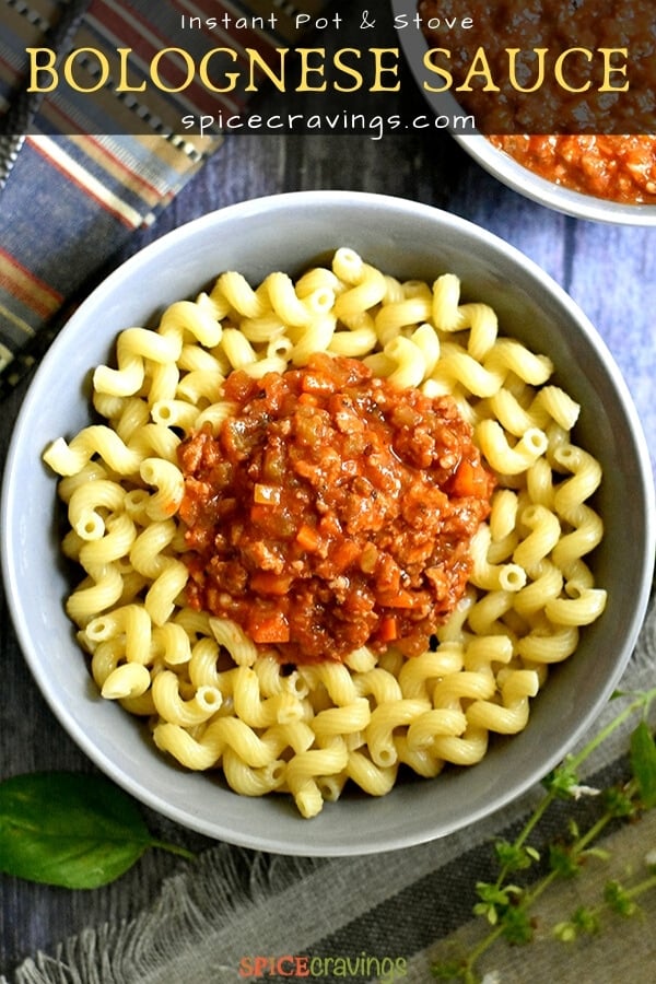 Bolognese sauce served over pasta